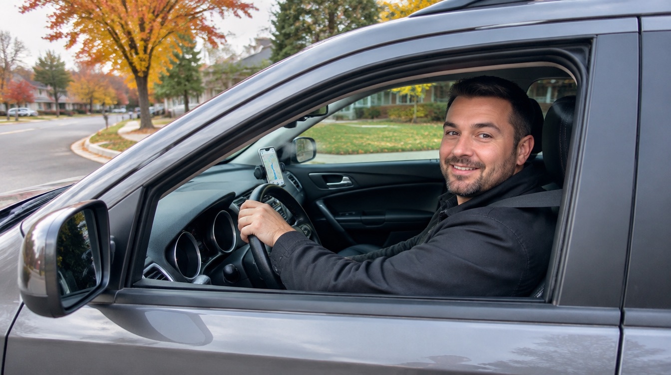 Smiling rideshare driver behind the wheel of a gray Dodge Journey