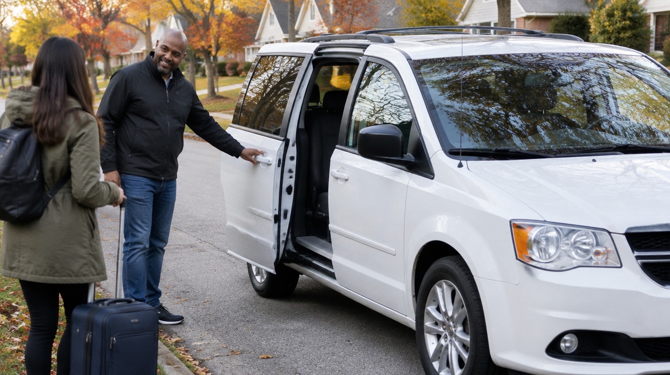 SMC Rentals driver opening the door of a white Dodge Grand Caravan for a passenger in Michigan